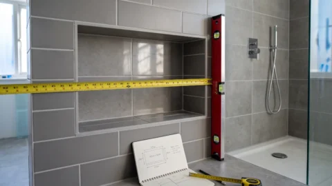 Mjerenje otvora tuš niše metrom i libelom prije izrade stakla po mjeri