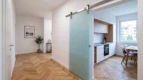 Klizna staklena vrata od satiniranog stakla na inox šini u hodniku stana