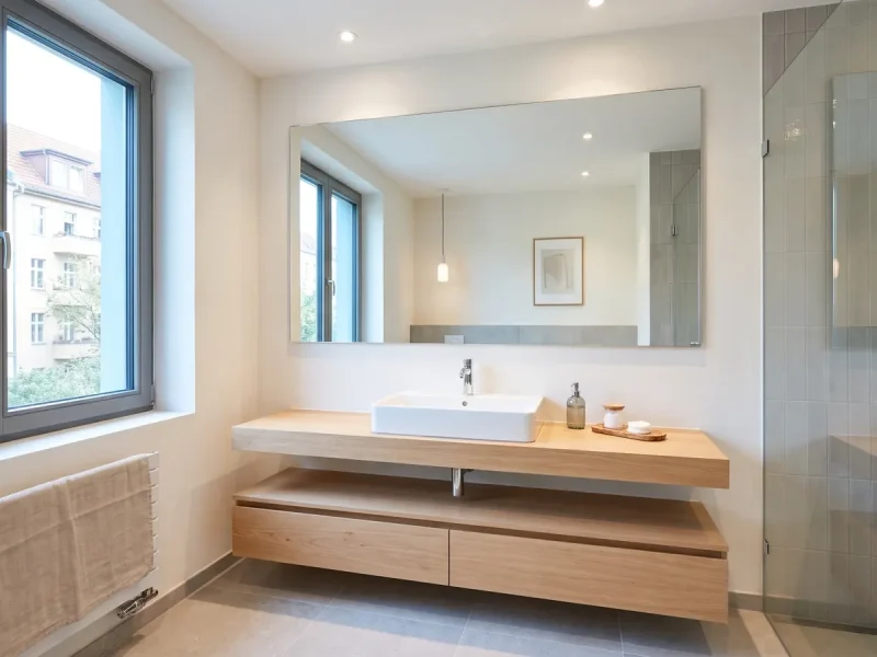 Pravougaono ogledalo za kupatilo bez rama iznad lavaboa i drvenog ormarića