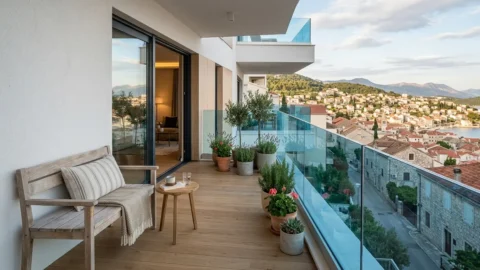 Moderan balkon sa staklenom ogradom od laminiranog stakla i pogledom na grad