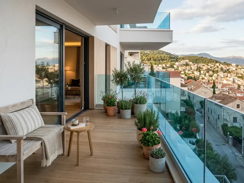 Moderan balkon sa staklenom ogradom od laminiranog stakla i pogledom na grad