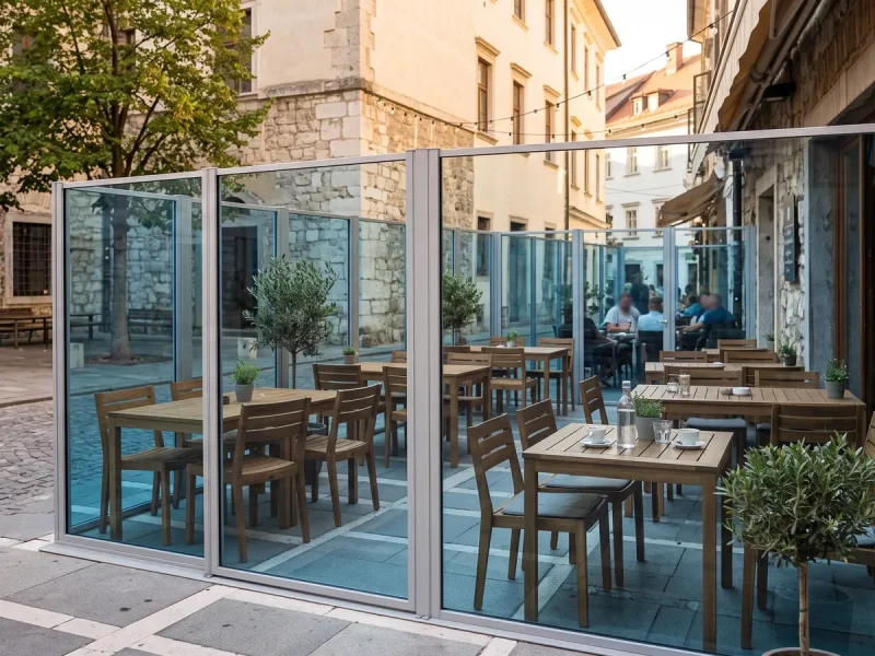 Ugostiteljska bašta zaštićena staklenim vjetrobranom sa aluminijskim profilima