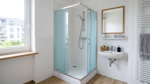 Kutna tuš kabina 90x90 s kliznim staklenim vratima u malom kupatilu